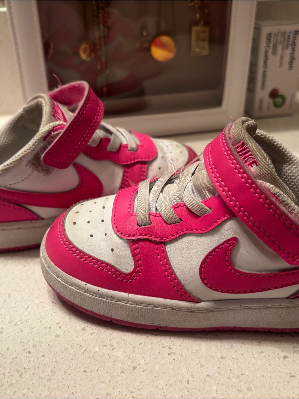 Nike Kids White and Pink High-Top Sneakers with Hook-and-Loop Strap